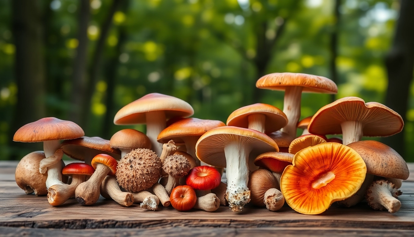 Buy mushrooms online Canada selection of psilocybin mushrooms on a rustic table.