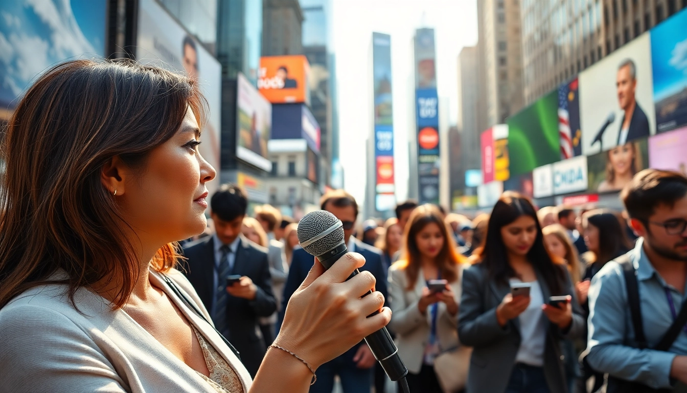 Capture breaking News in a lively city square with a journalist reporting.