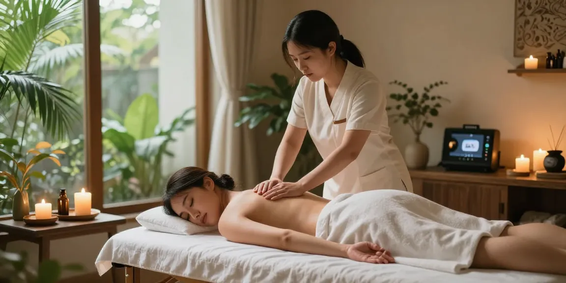 삼성동마사지에서 편안하게 마사지받는 모습, 아늑한 스파 환경을 보여줍니다.