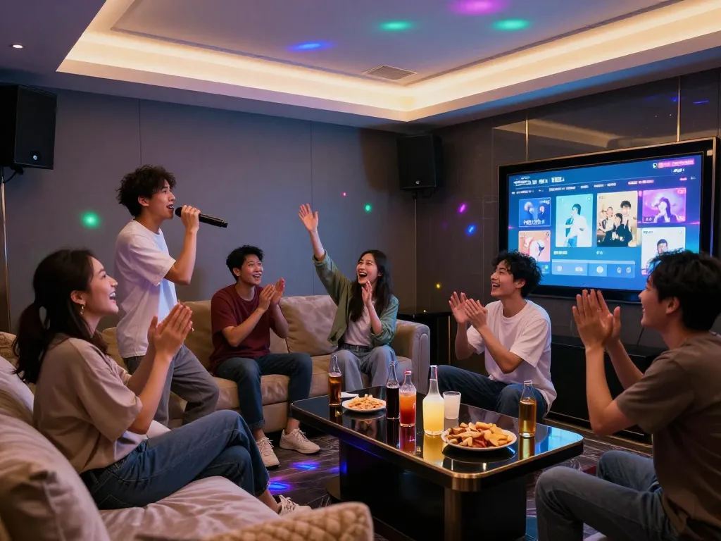 3no.org/seo에서 친구들이 노래방을 즐기는 역동적인 장면, 생생한 분위기와 프라이빗 룸 설정을 보여줍니다.