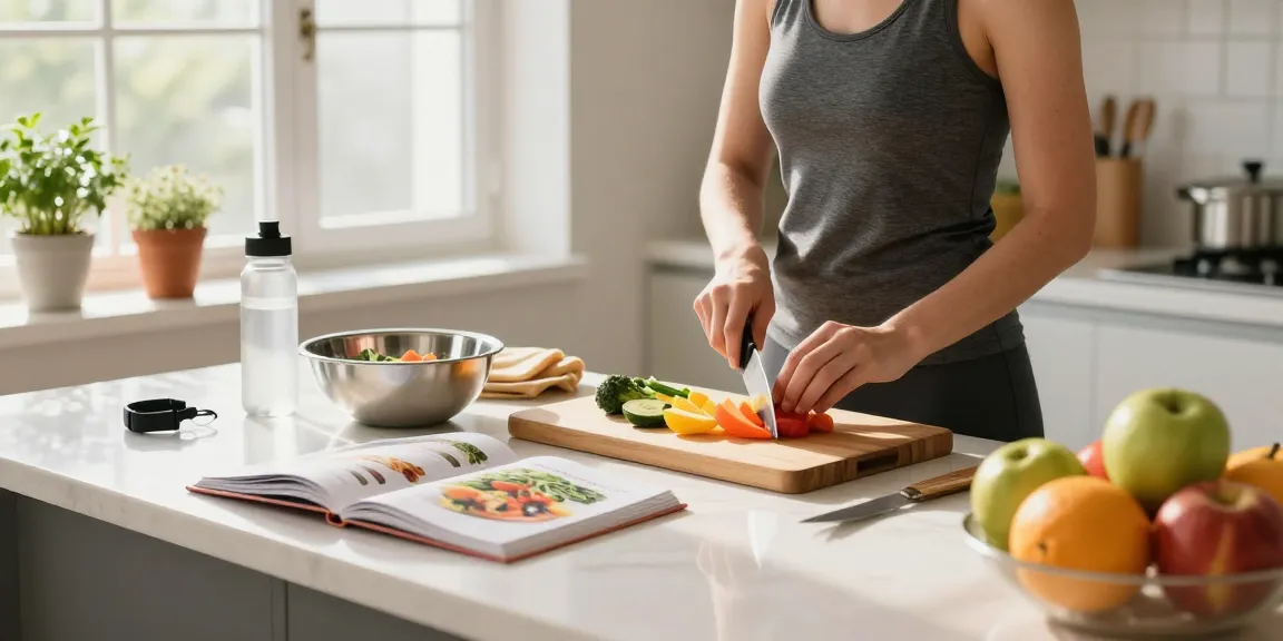 Cooking in a bright kitchen with fresh ingredients, showcasing the best nutrition app for meal tracking.