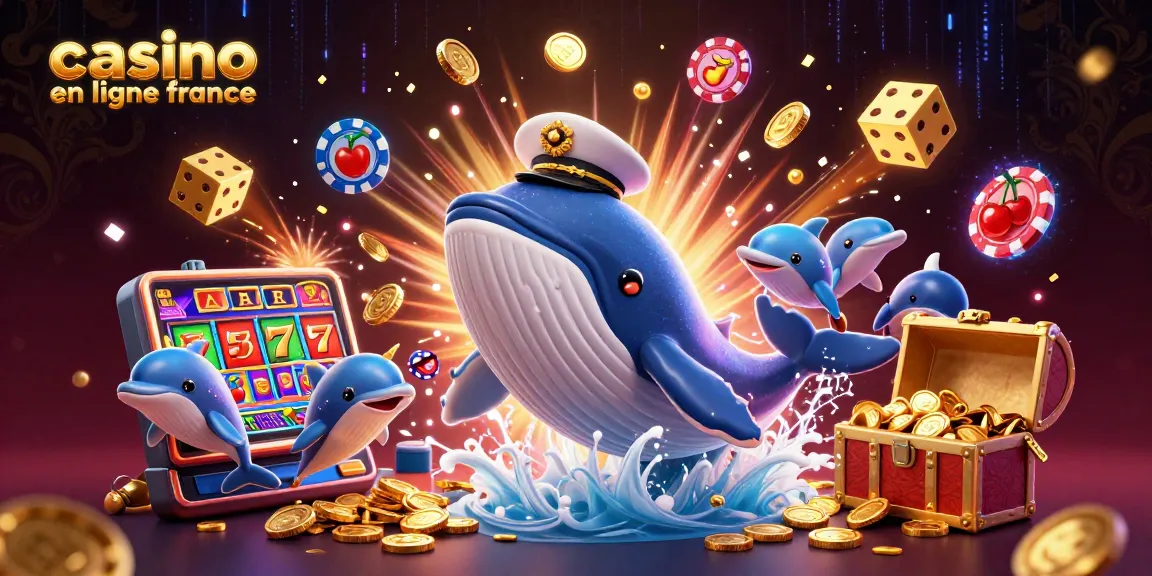 Visuel dynamique et coloré sur le casino en ligne France, illustrant une baleine et des dauphins en pleine action.