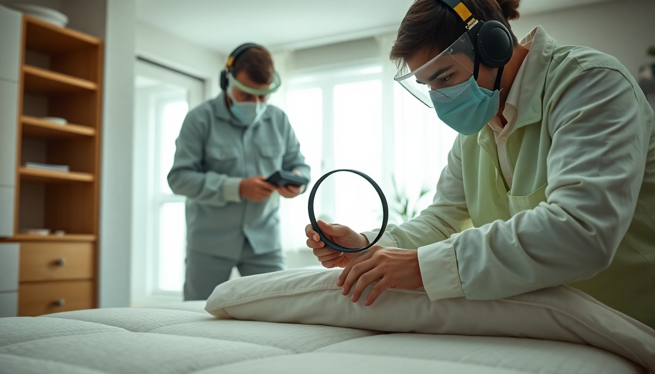 Bed bug exterminators inspecting a mattress in a modern, well-lit room focused on pest control.