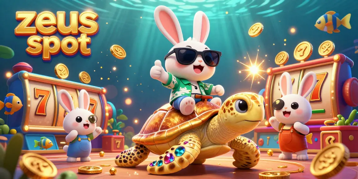 Engage with the zeus slot game featuring a cartoon rabbit and golden turtle amidst vibrant casino elements.