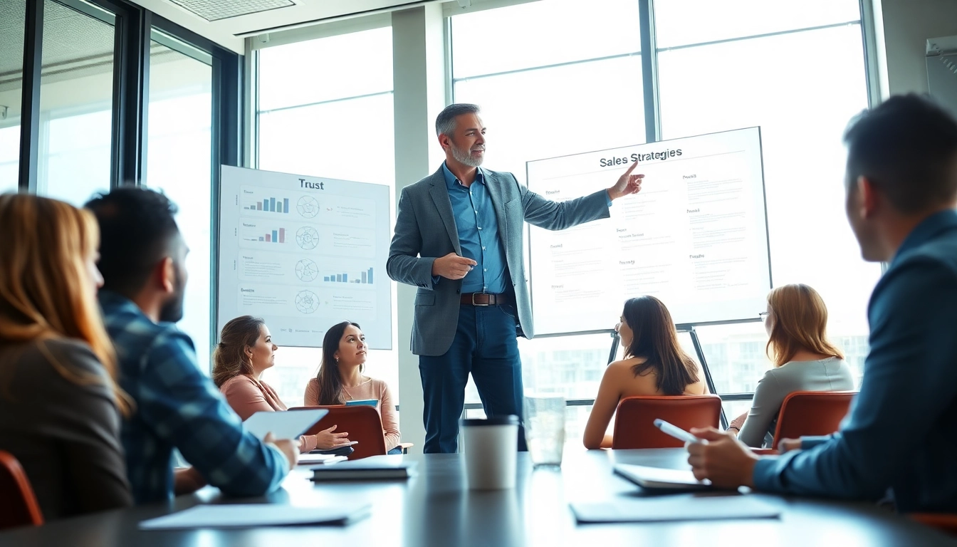 Engaging sales coach leading a team training session in a bright, modern room.