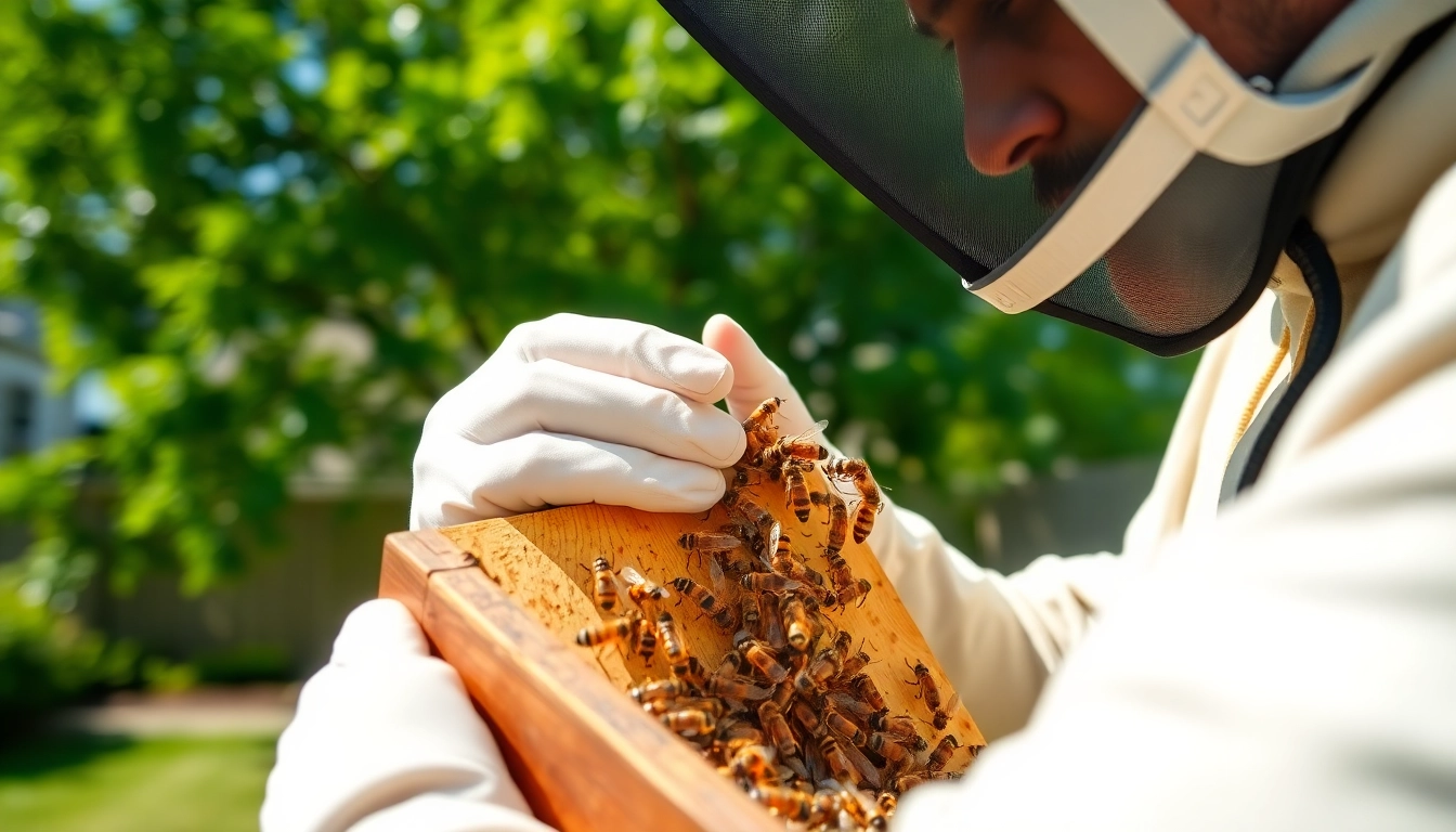 Engaging in live bee removal with a dedicated technician ensuring a safe extraction of bees in a serene backyard.