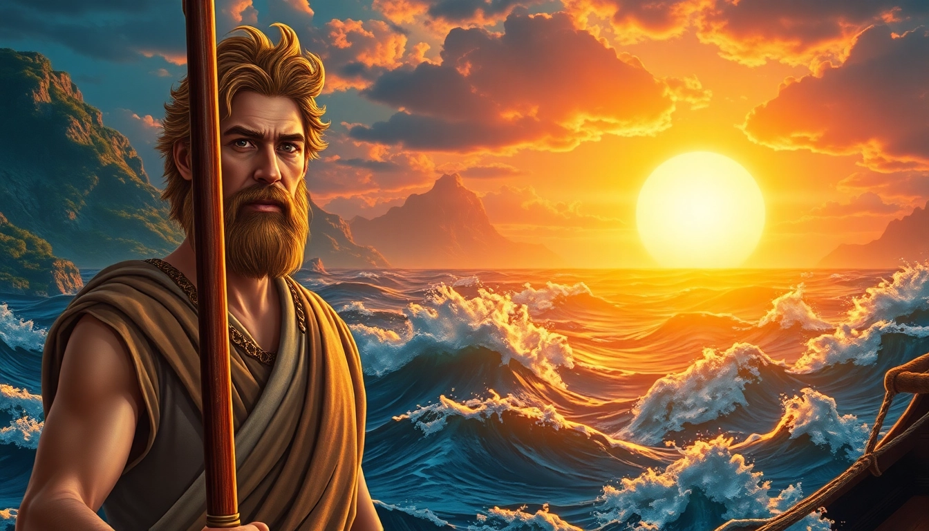 Visual representation of odyssey meaning origin featuring Odysseus amidst turbulent seas.