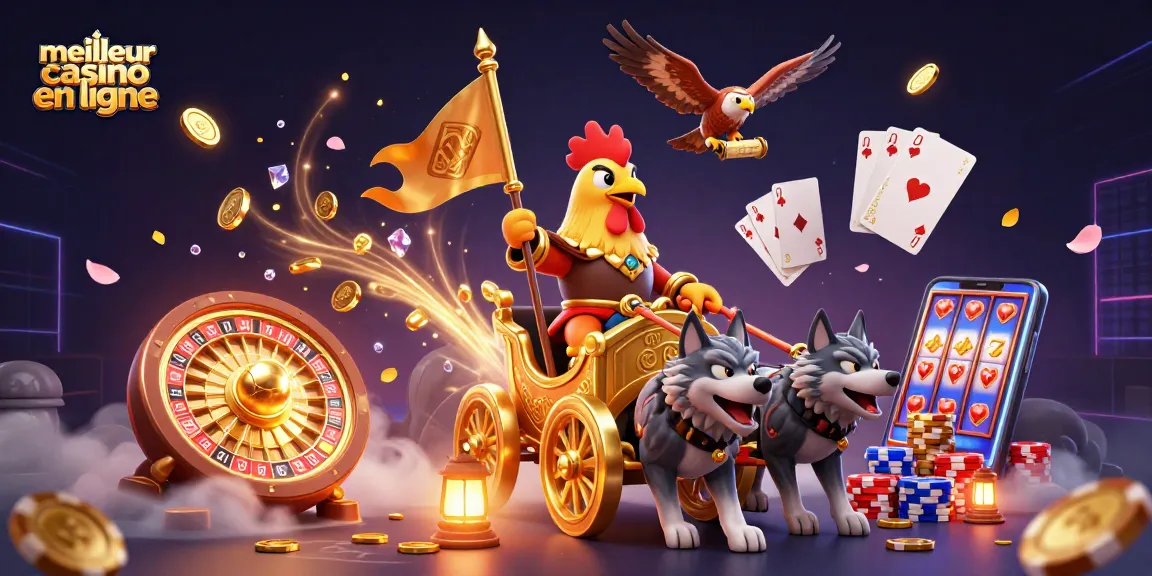 Gagnez au meilleur casino en ligne avec une illustration dynamique de jeux et gains.