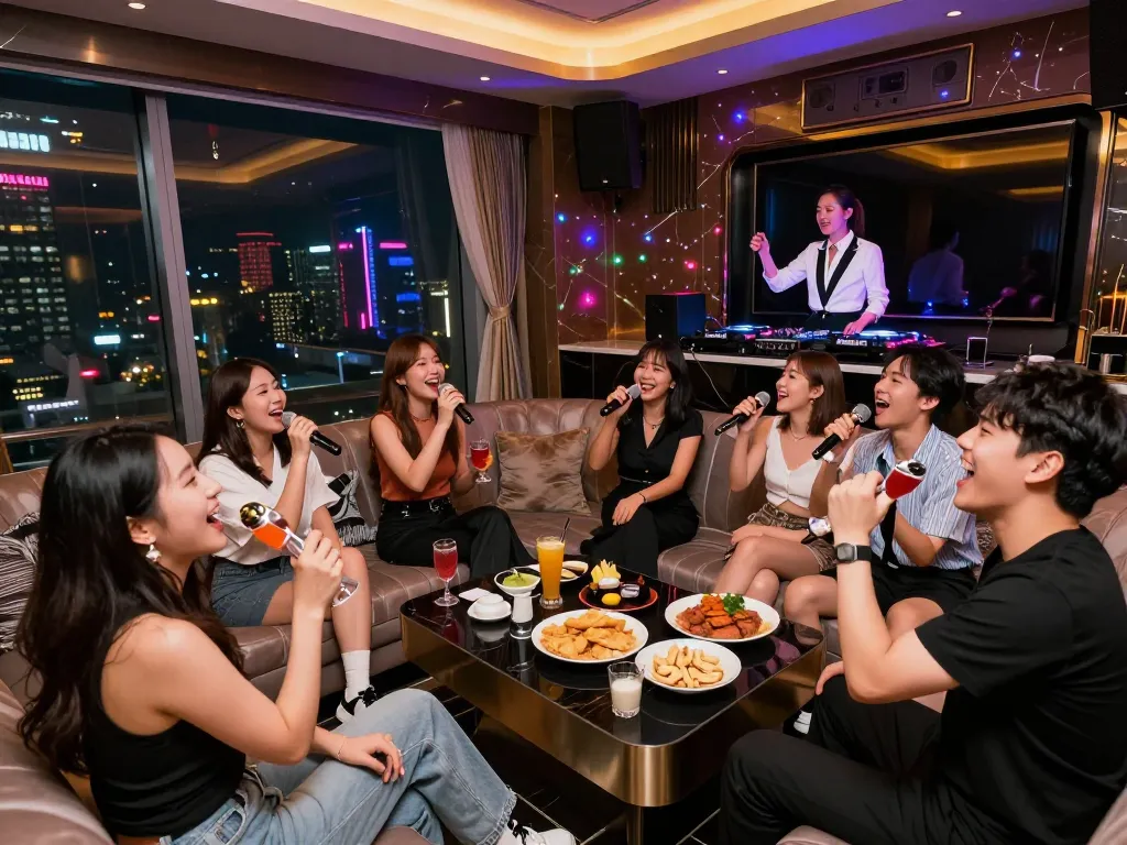 Vibrant nightlife at Gangnam karaoke venue showcasing guests enjoying music and drinks for gangnamtune.com