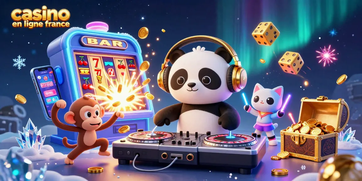 Découvrez l'illustration animée de casino en ligne France avec un panda DJ et des symboles de jackpot.