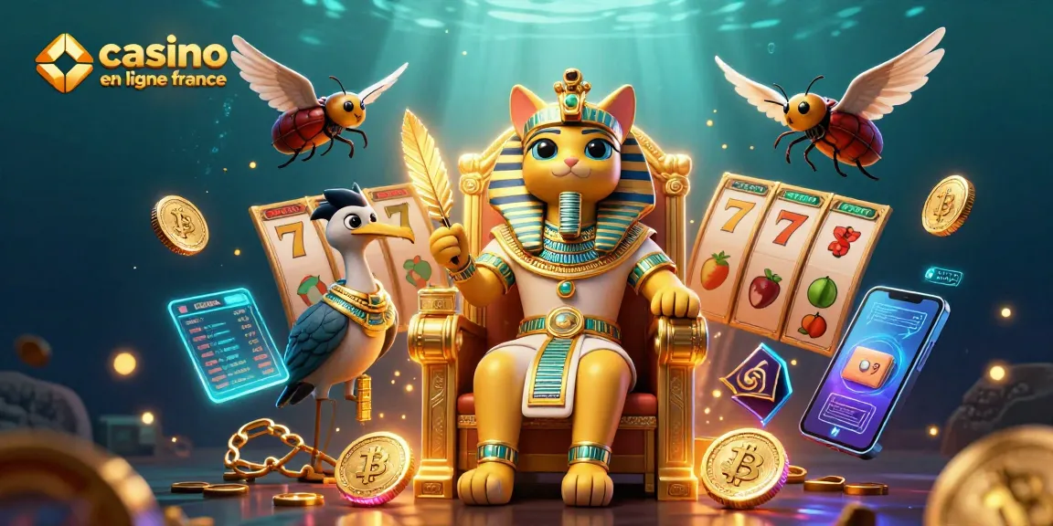 Illustration pleine d'énergie de casino en ligne France avec un pharaon égyptien et des éléments de jeux