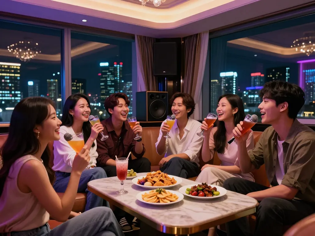 친구 그룹이 강남가라오케에서 활기찬 밤을 즐기며 칵테일과 화려한 장식과 함께 노래를 부르고 있습니다.