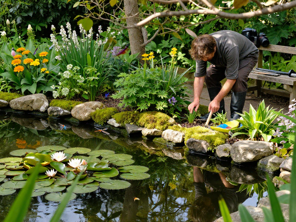 British Pond Plants flourishing in a serene pond garden scene with vibrant flora and soft sunlight.