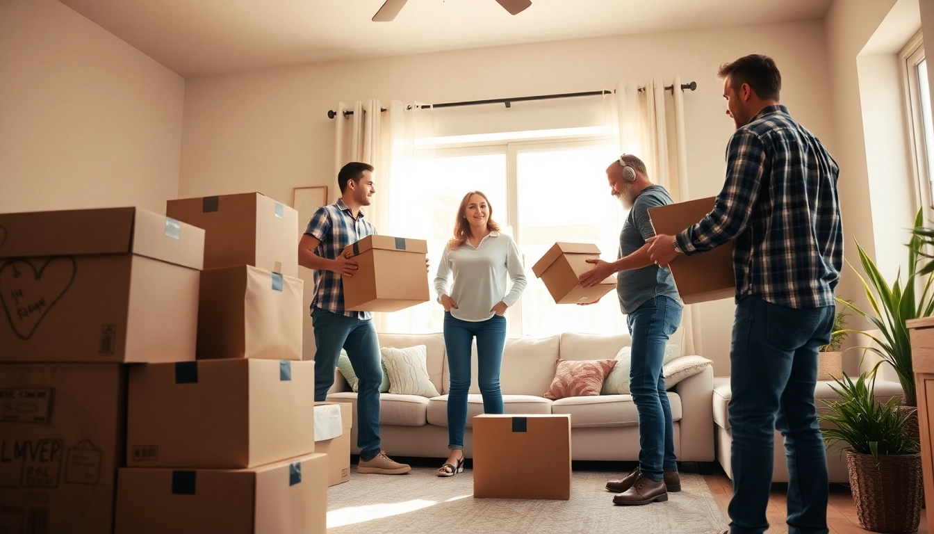 Engaged movers providing moving help st george utah to a family in their living room.