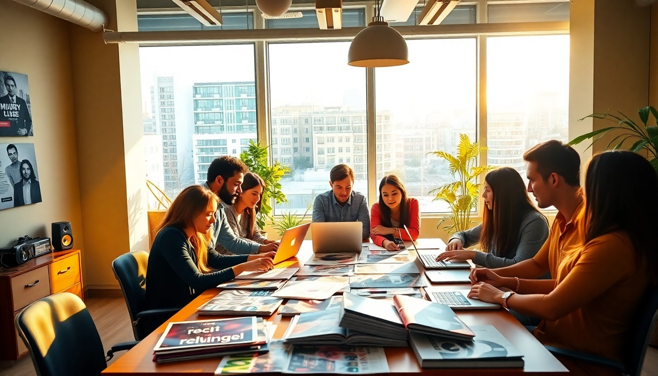 Engaging scene at a music pr firm showcasing teamwork and creativity in an energetic workspace.