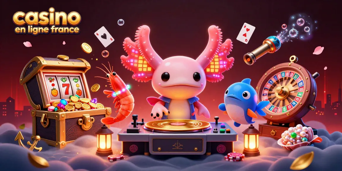 Illustration animée de casino en ligne France avec des personnages colorés dans un monde sous-marin plein de jeux.