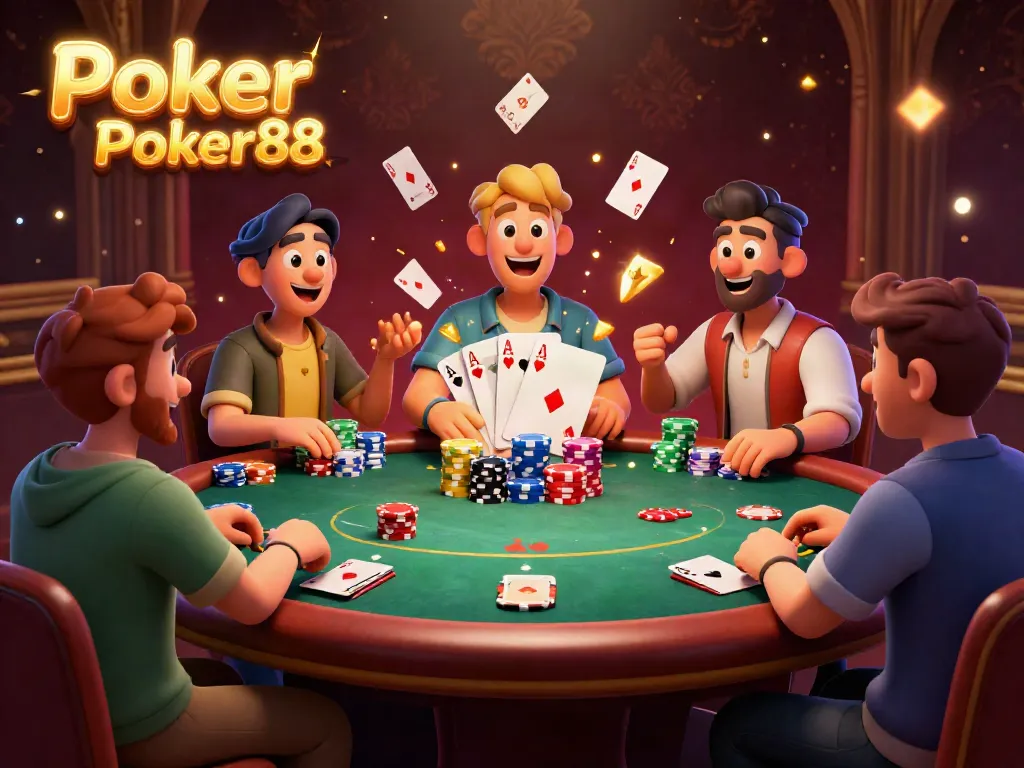 Experience the thrill of Poker Online Poker88 with an engaging poker table scene and dynamic play.