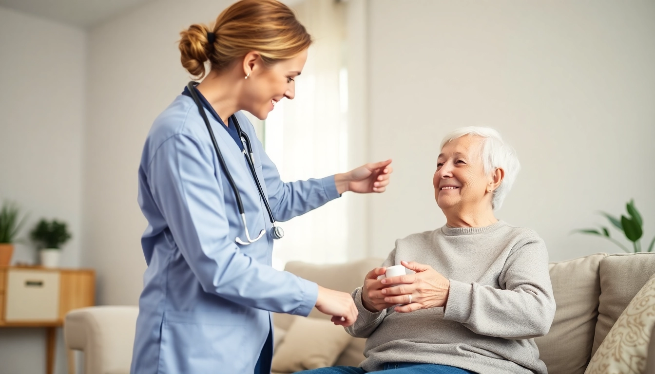 Caregiver providing home healthcare services to a senior in a cozy living room environment.