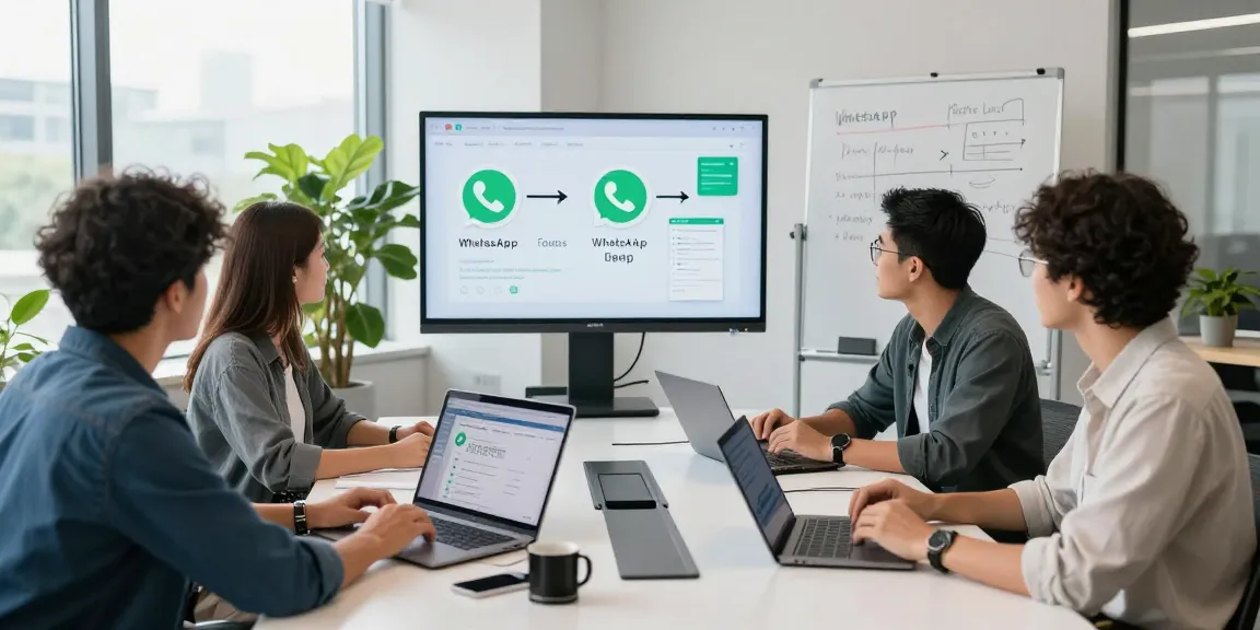 Team collaborating in a modern office, discussing WhatsApp下載 for better communication efficiency.