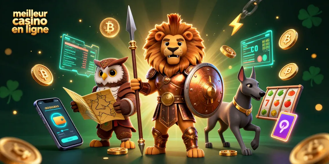 Illustration dynamique avec un lion en armure représentant le meilleur casino en ligne, entouré de crypto-monnaies et de machines à sous.