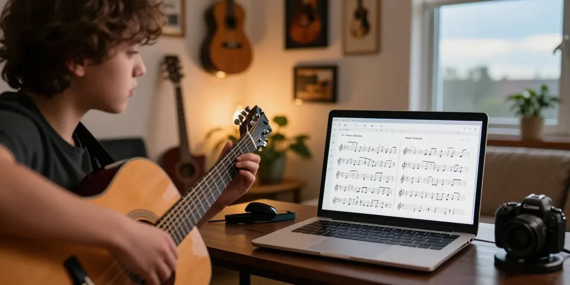 Guitar Instructor Online leading a virtual lesson with students, featuring acoustic guitar and music sheets.