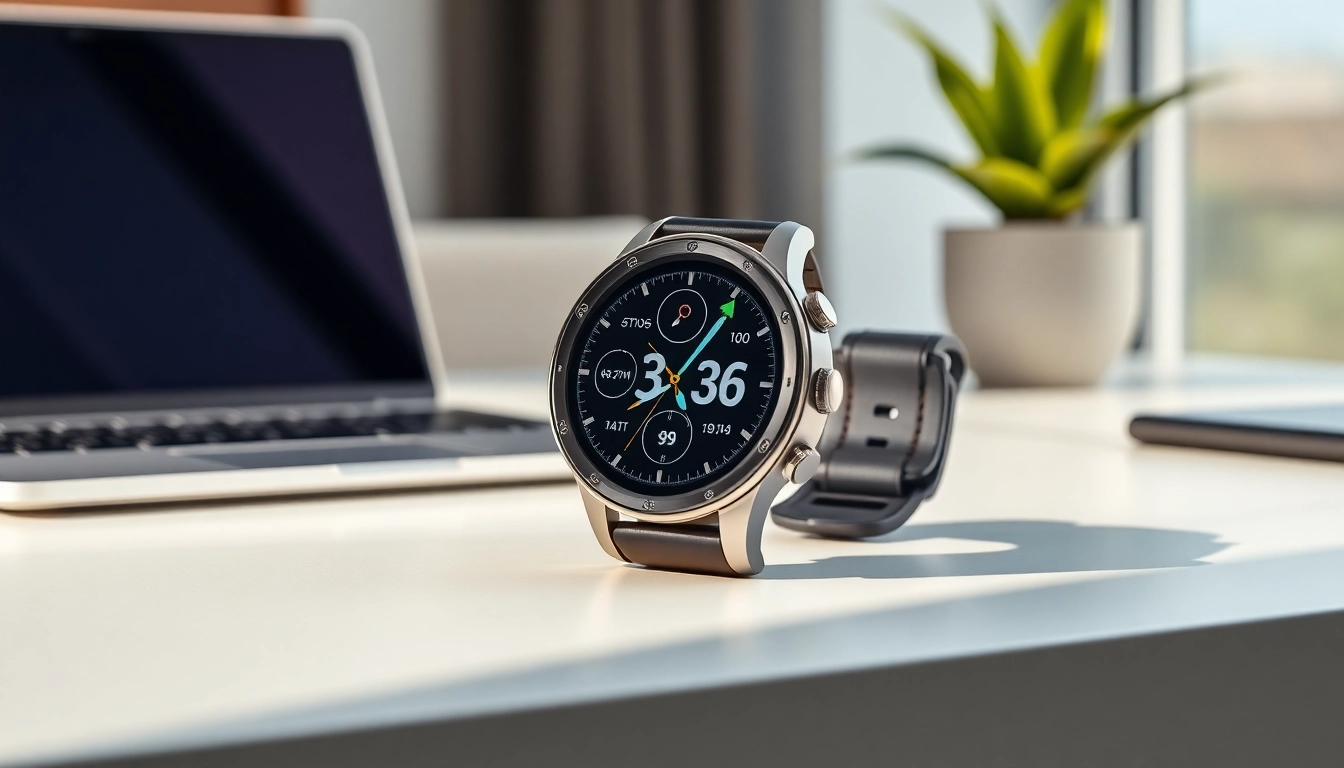Showcasing the sleek design of Ringconn smartwatch with digital interface on a modern desk.