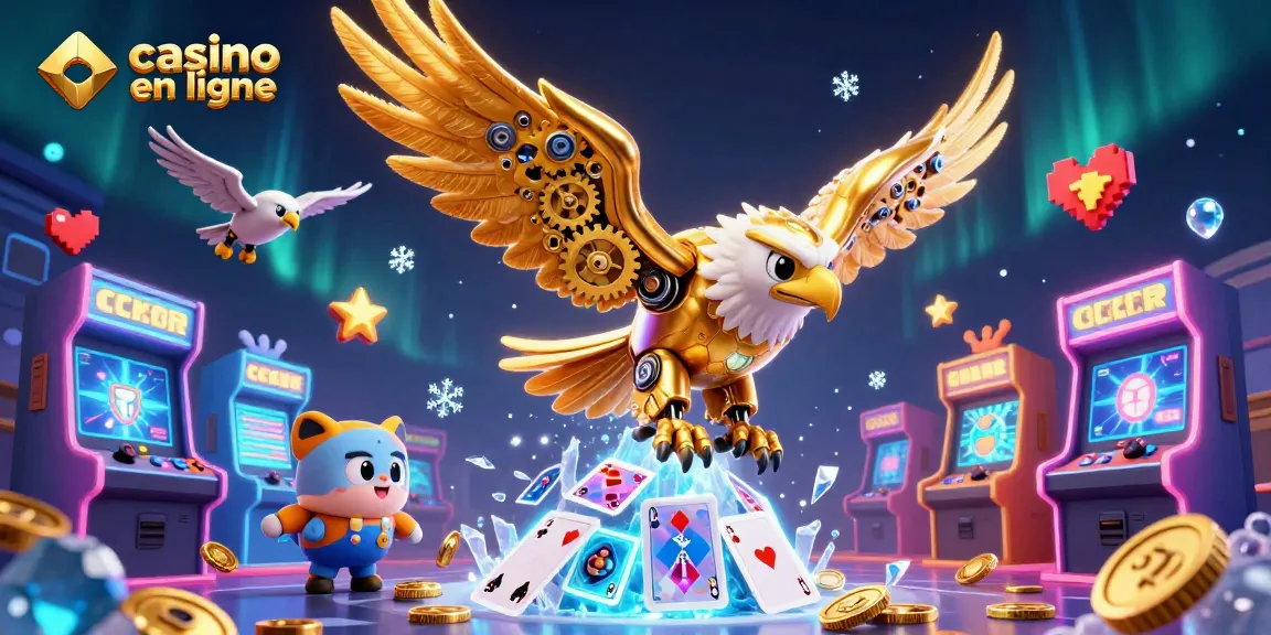 Cascade de cartes holographiques avec l'aigle doré et des machines de casino en ligne.