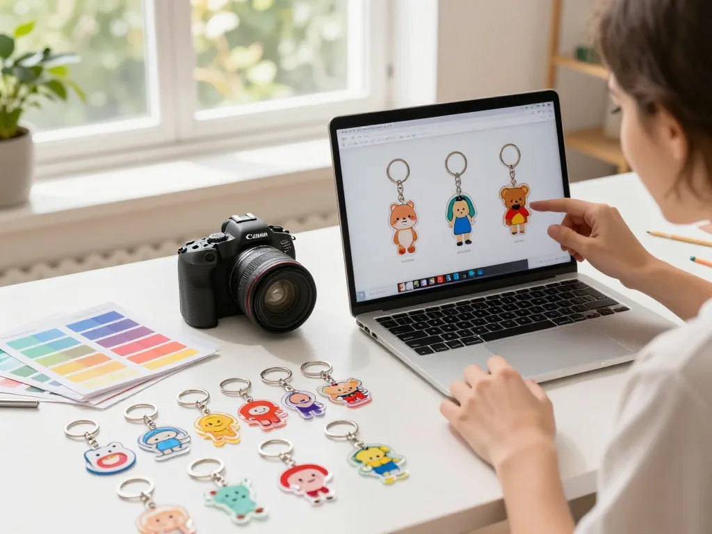 Custom acrylic keychains designed at a colorful home workspace, showcasing vibrant samples and a user creating personalized designs.