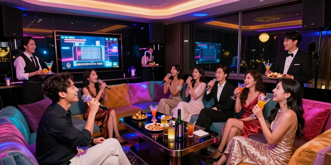 강남가라오케에서 즐기는 고급스러운 노래와 음료, 화려한 인테리어와 함께하는 생동감 있는 저녁 모습