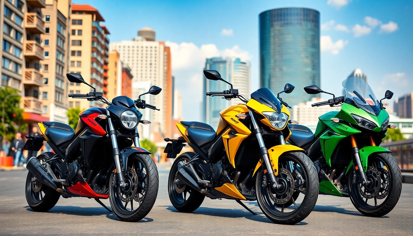 Capture affordable street legal motorcycles lined up on an urban street, showcasing their design and style.