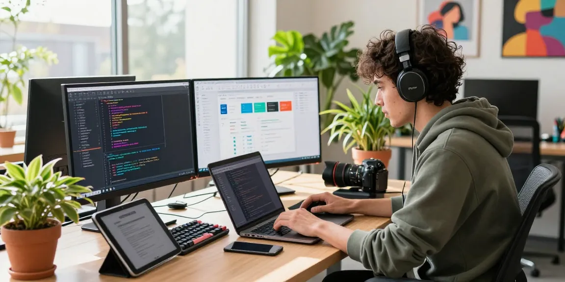 Developer working on 纸飞机下载 in a vibrant co-working space with modern tech.
