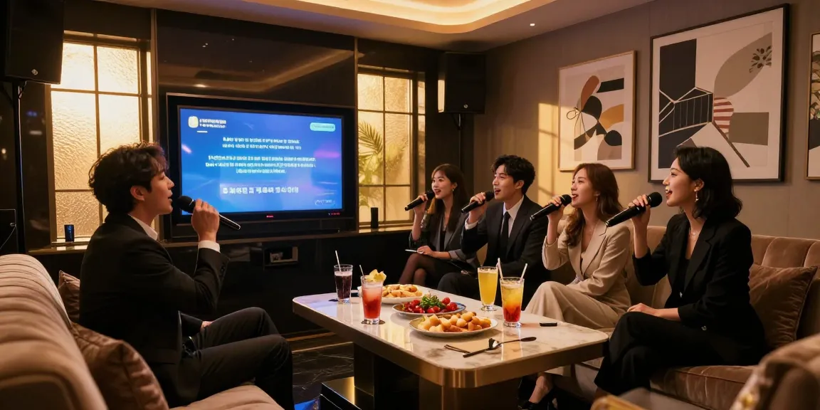 강남쩜오에서 고급스러운 분위기의 노래방에서 친구들이 즐거운 시간을 보내는 장면