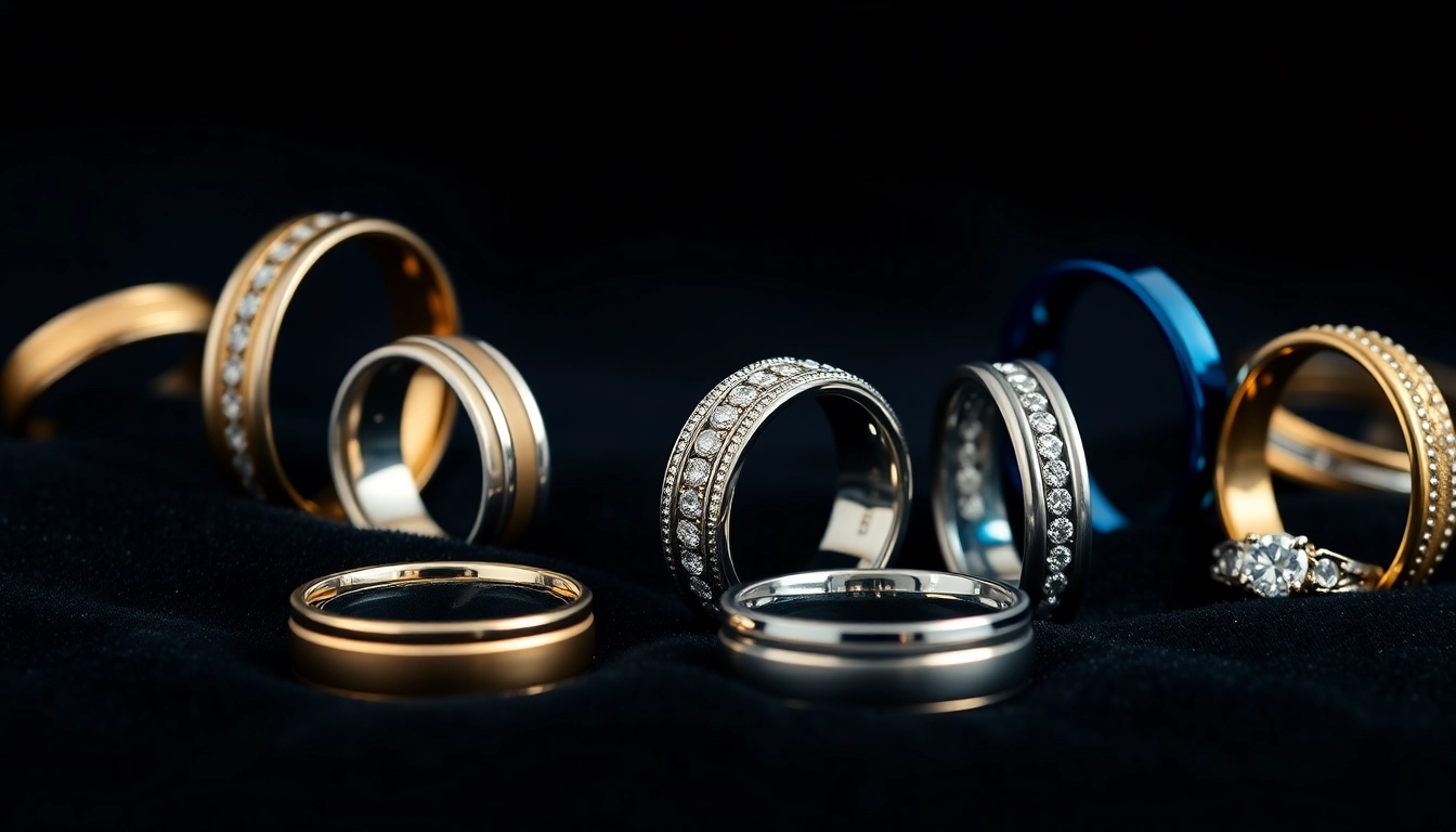 Showcase of mens wedding rings highlighting gold, tungsten, and diamond styles on velvet.