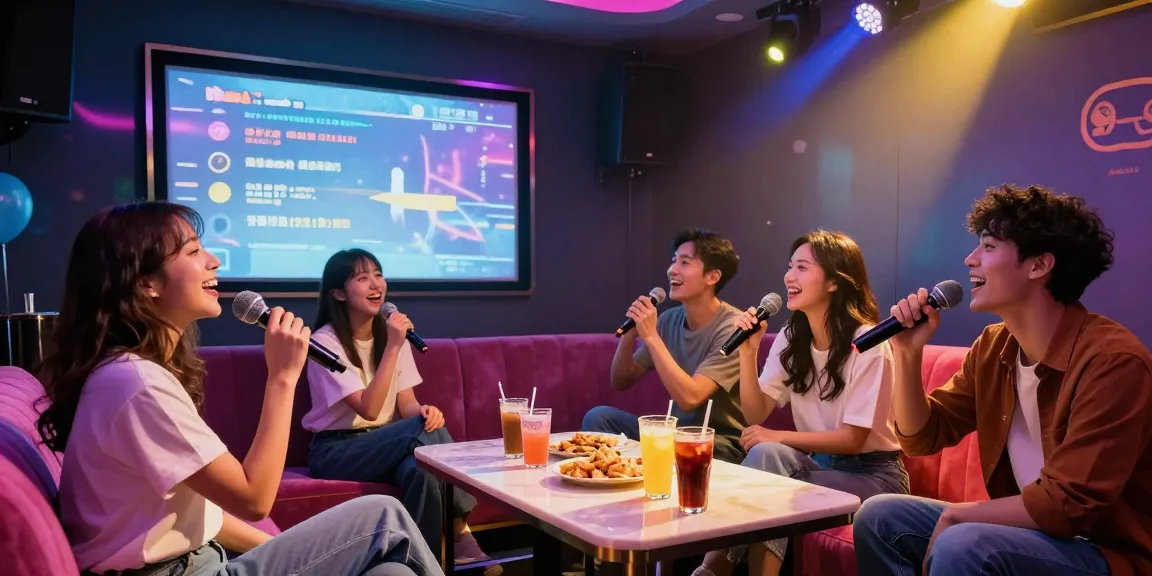 강남가라오케에서 친구들과 즐거운 시간을 보내는 화려한 노래방 장면