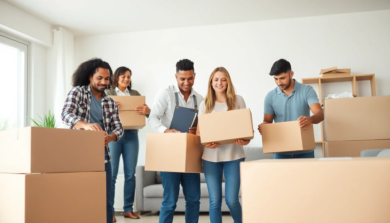 Movers and packers efficiently packing boxes in a modern home, showcasing a stress-free moving experience.