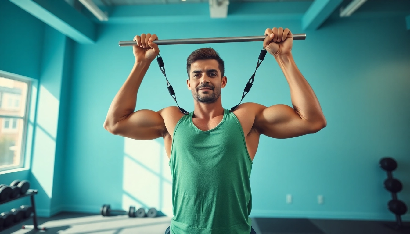 Engaged athlete performing pull-up assist band exercises in a gym.