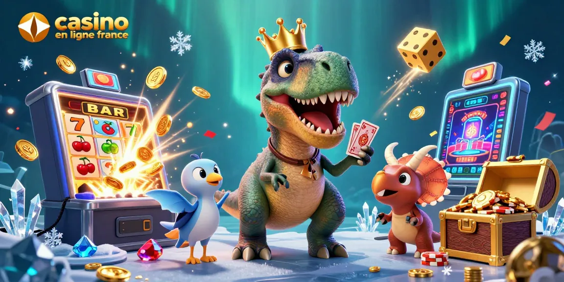 Illustration dynamique d'un T-Rex, assistant de casino, et un tricératops avec des jetons; casino en ligne France en arrière-plan.