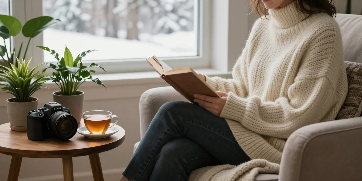 Cozy indoor scene showcasing wool sweaters being worn during winter, with a person reading in a warm living room.