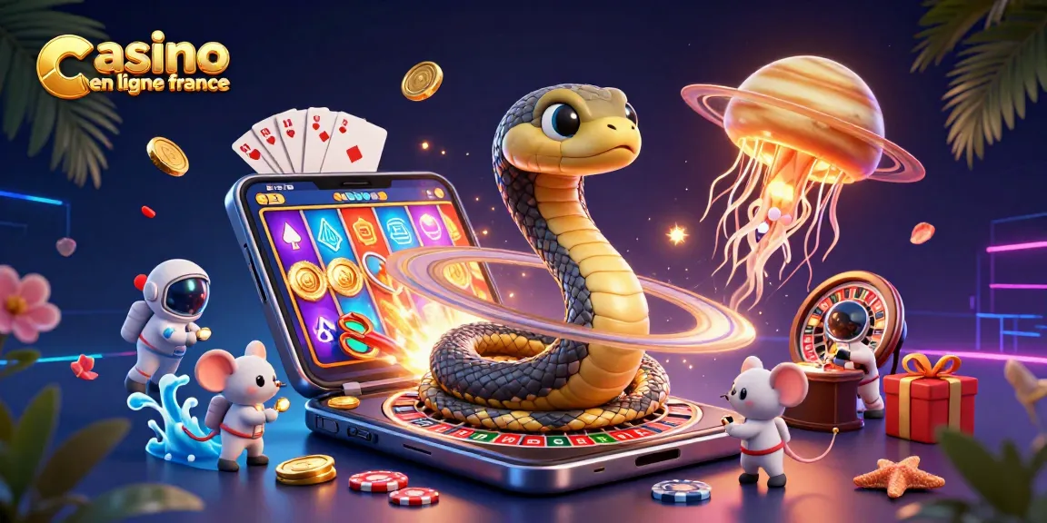Illustration dynamique du serpent Saturne avec des astronautes pariant sur un casino en ligne France.