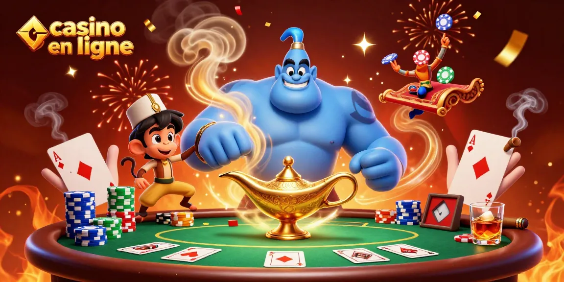 Une scène de casino en ligne avec un génie, un singe et un tapis volant remplis de jetons.