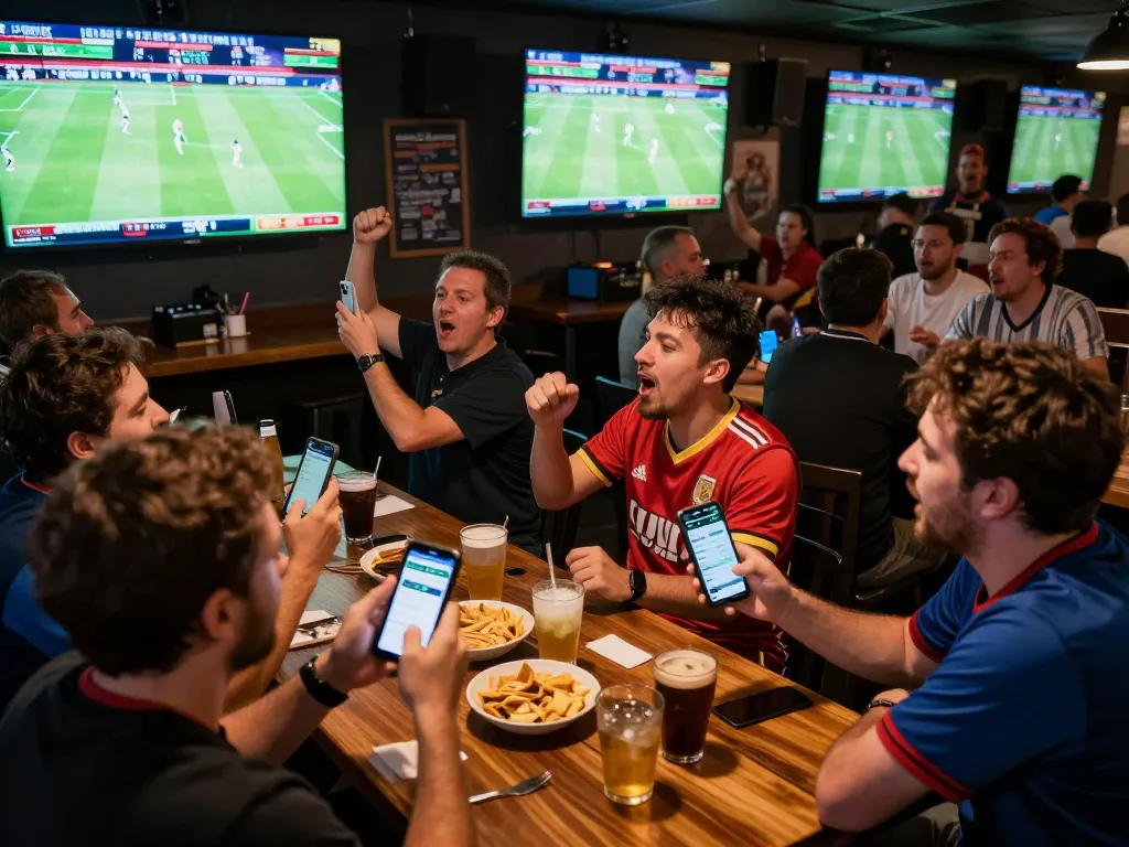 Fans engaging in w188 bet activities while cheering at a sports betting venue, creating an exciting atmosphere