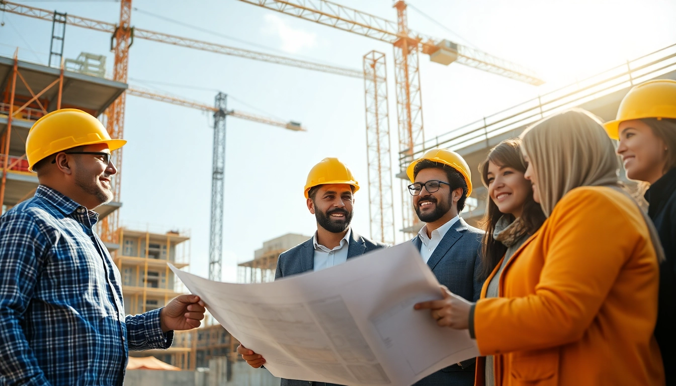 Engaging scene of a commercial building developer collaborating on-site with a construction team.