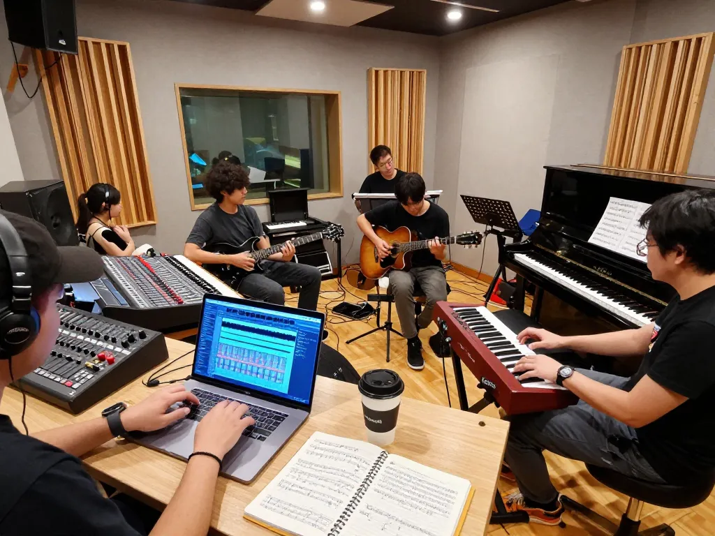 Musicians collaborating in a studio using the SC88 sound module for creative music production.