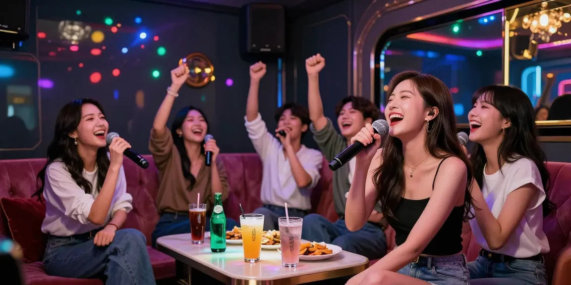 강남 가라오케에서 친구들과 함께 즐겁게 노래를 부르는 모습