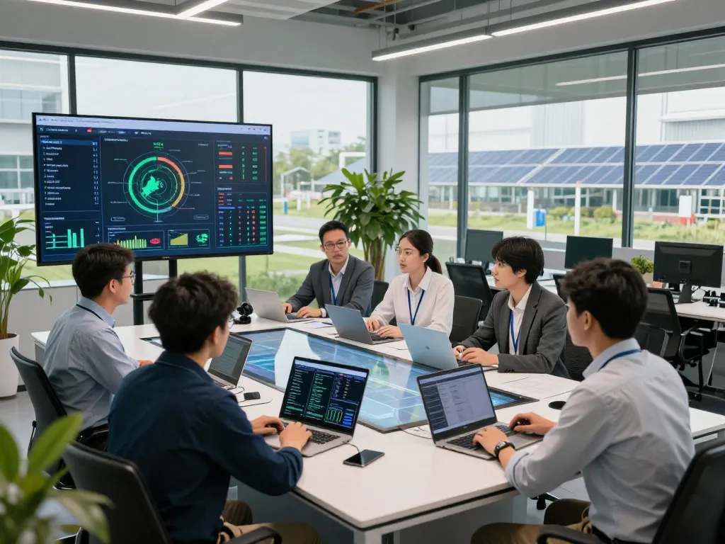 Schneider Electric team collaborating in a modern control room with energy analytics displays.
