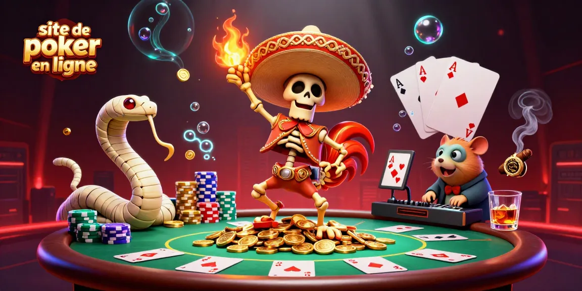 Le site de poker en ligne met en scène un rooster mariachi dansant sur des pièces dorées, entouré de cartes et de jetons colorés.