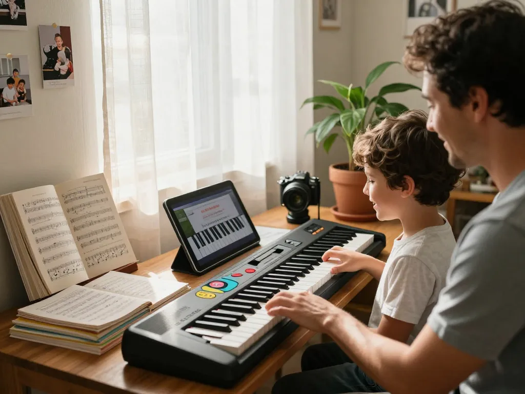 Child learning music on go 88 keyboard in a cozy living room with supportive parent.