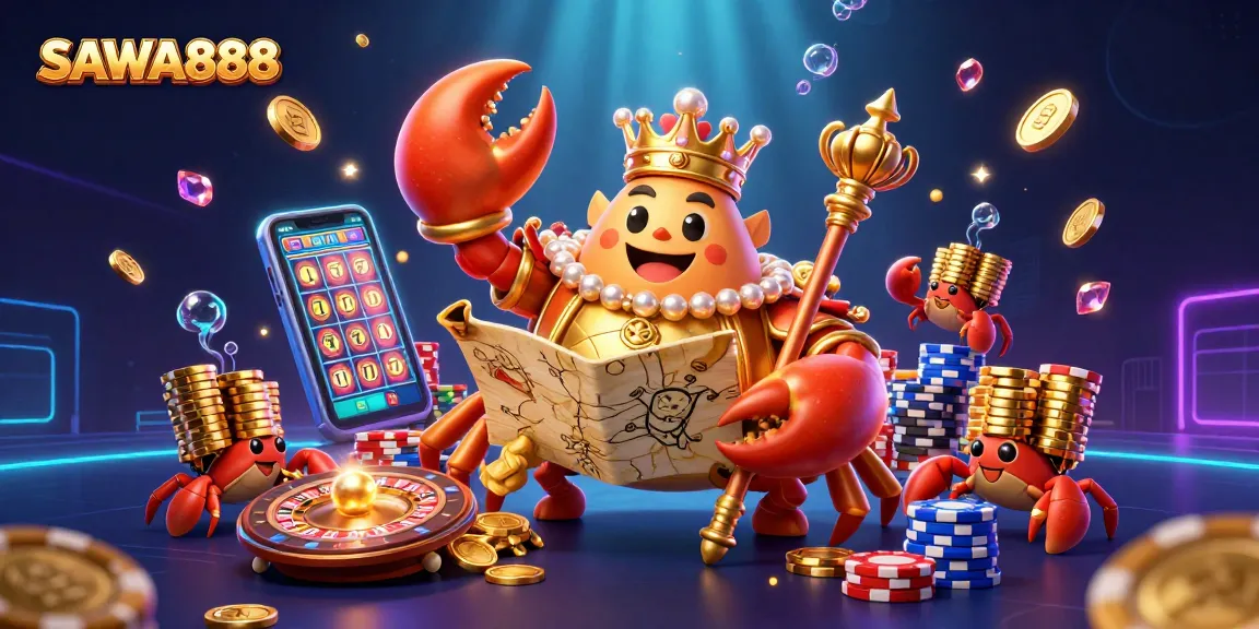 Experience winning moments with SAWA888's golden crab emperor amidst a vibrant casino scene.