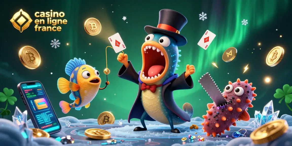 Découvrez une scène dynamique de casino en ligne France avec des personnages marins et des pièces de crypto-monnaie.
