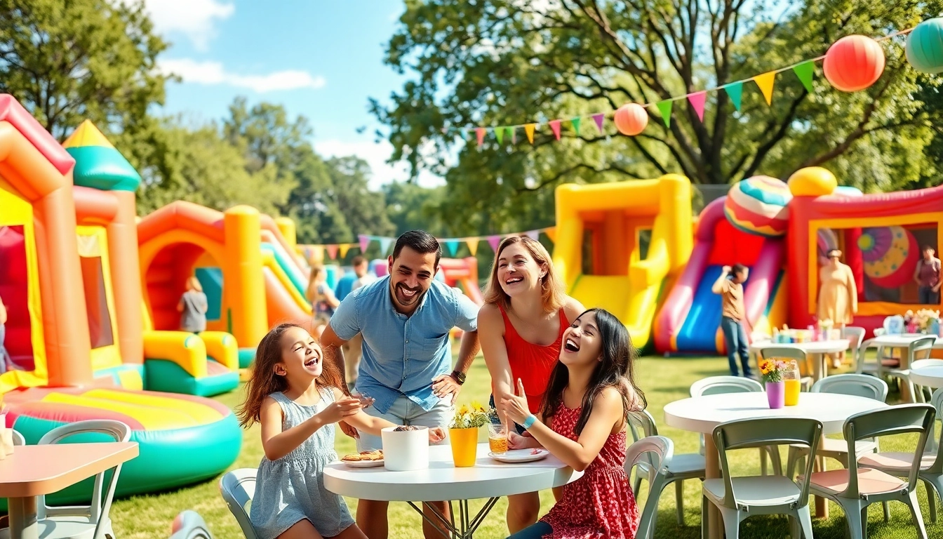 Families celebrating with vibrant Party Rentals including colorful bounce houses and tables.